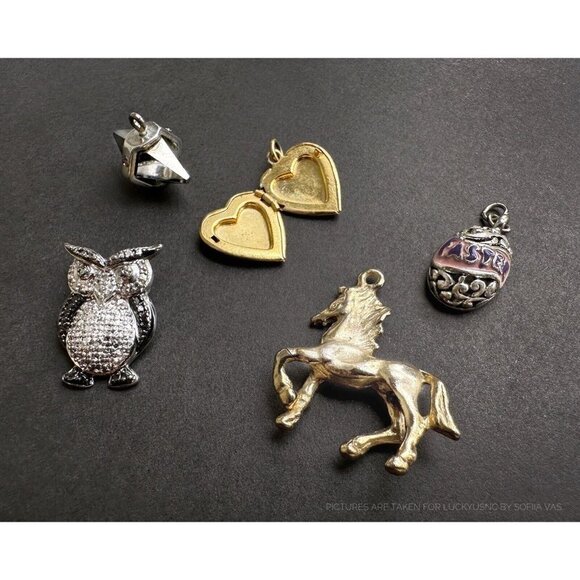 Pendants Goldtone horse, Owl, Easter charm, Glass Crystal, Locket Heart - 5 pcs - Picture 1 of 6